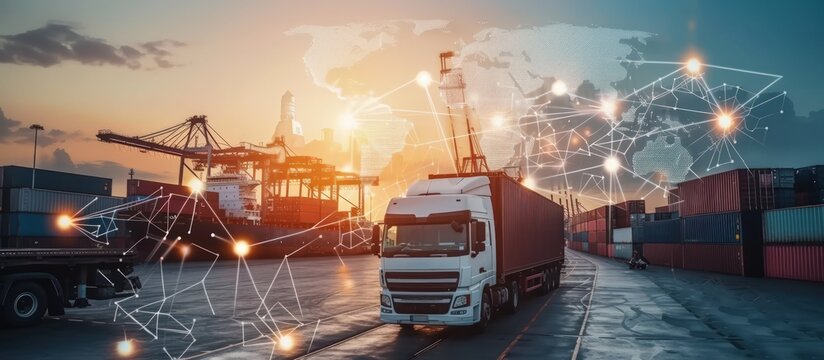 Truck Container Cargo for Logistic with world map of global network connection. AI generated image