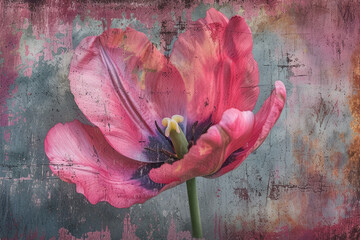 Painted color pink tulip. Mixed digital painting. Concept floral art.