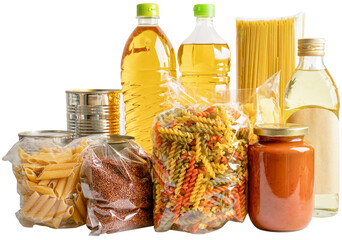 Foodstuff for donation, storage and delivery on white background with clipping path. Various food,...