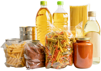 Foodstuff for donation, storage and delivery on white background with clipping path. Various food, pasta, cooking oil and canned food.