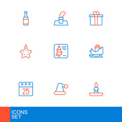 Set line Burning candle, Christmas Santa Claus hat, day calendar, santa claus sleigh, star, postcard, Gift box and chimney icon. Vector