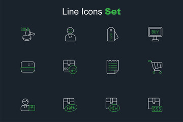 Set line Item price tag with dollar, New collection, Cardboard box free symbol, Buyer, Shopping cart, Wish list template, Return cardboard and Credit icon. Vector