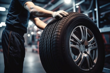 Mechanic changing car tire at repairing service  - obrazy, fototapety, plakaty