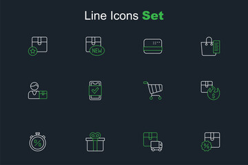 Set line Cardboard box with discount, Delivery cargo truck, Gift, Stopwatch percent, Hot price, Shopping cart, Mobile shopping and Buyer icon. Vector