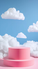 Podium on white clouds background. Product presentation. Minimal Mockup stage in blue background. Mock-up, show cosmetic product. Empty total pink podium. 