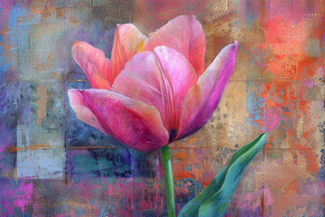Painted color pink tulip. Mixed digital painting. Concept floral art.