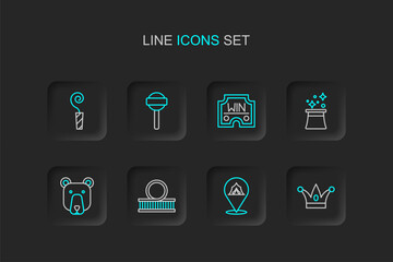 Set line Jester hat with bells, Circus tent, Roller coaster, Bear head, Magician, Casino win, Lollipop and Birthday party horn icon. Vector