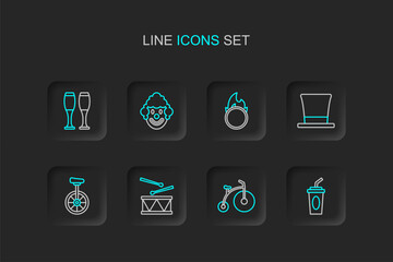 Set line Paper glass with water, Vintage bicycle, Drum drum sticks, Unicycle, Cylinder hat, Circus fire hoop, Clown head and Bowling pin icon. Vector © Iryna