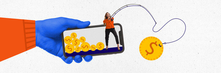 Contemporary art collage. Woman with binoculars on smartphone, coins on screen, fishing for dollar...