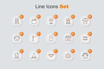 Set line Frankenstein face, Pumpkin, Flying bat, Witch hat, Tombstone with RIP written, Vampire teeth, Halloween date 31 october and Ghost icon. Vector