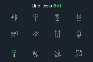 Set line Medieval bow and arrow, helmet, Battle hammer, flag, arrows and Trumpet with icon. Vector
