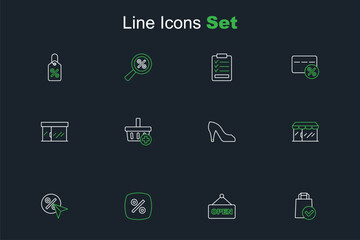 Set line Paper shopping bag, Hanging sign with text Open, Discount percent tag, Market store, Woman shoe, Add Shopping basket and icon. Vector