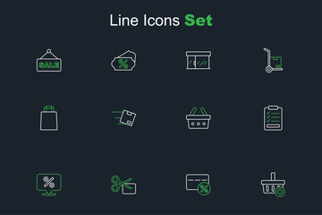 Set line Add to Shopping basket, Discount card with percent, Scissors cuts discount coupon, tag, Clipboard checklist, Location cardboard box and Paper shopping bag icon. Vector