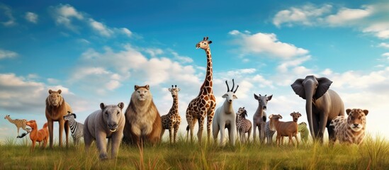 group of giraffes and zebras on the savannah with blue sky