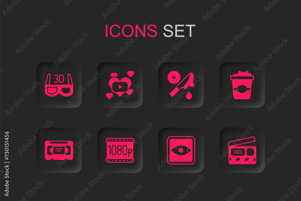 Poster Set Full HD 1080p, Romantic movie, 3D cinema glasses, Rating, Popcorn cardboard box, Movie clapper, Thriller and VHS video cassette tape icon. Vector