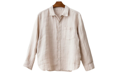 Men's trendy and breathable linen button-up shirt on white background.