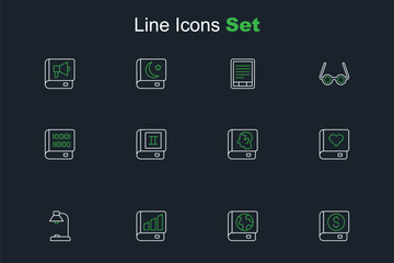 Set line Financial book, Earth globe and, Table lamp, Romance, Law, Book and Books about programming icon. Vector