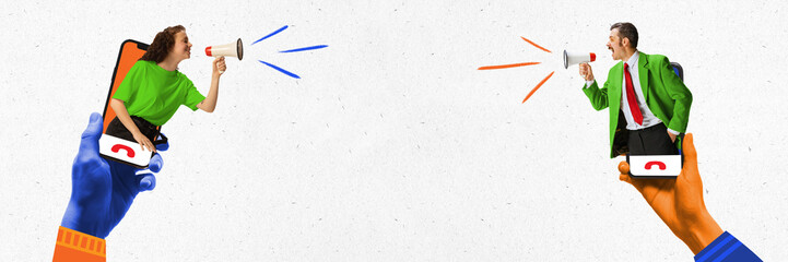 Modern aesthetic artwork. Man and woman in phones, using megaphones to communicate with flying out symbolic color waves. Concept of cellular connection, virtual meeting software, clear communication.