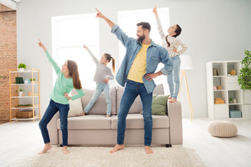 Portrait of nice funny cheerful family friends friendship dancing having fun pastime at home house...