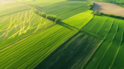 Aerial top view of panorama seen from above of the plain with the cultivated fields divided into geometric shapes in spring background, copy space