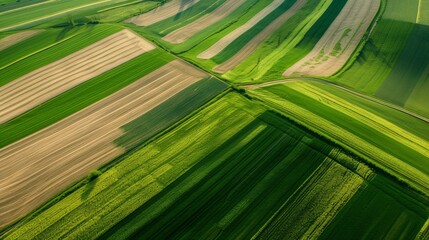 Aerial top view of panorama seen from above of the plain with the cultivated fields divided into geometric shapes in spring background, copy space