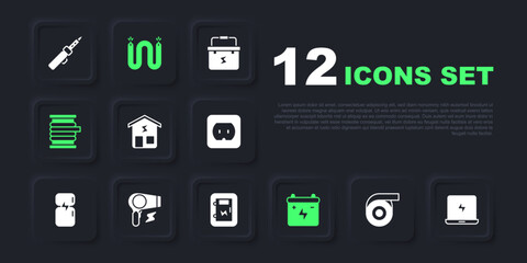 Set Roll adhesive tape, Laptop, Smart home, Car battery, Wire electric cable on reel, Hair dryer, Electric and Electrical panel icon. Vector