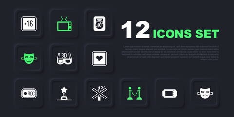 Set Cinema ticket, Drama theatrical mask, 3D cinema glasses, Rope barrier, Comedy, Movie trophy, Retro tv and No smoking icon. Vector