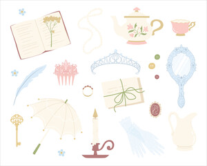 Accessories for a girl from the past. Romantic vintage women's everyday items. Vector illustration