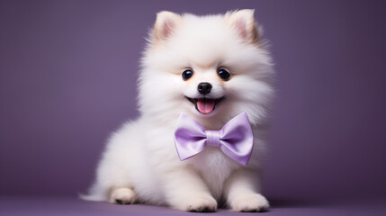 
White Pomeranian puppy in purple bow tie, matte background style, pastel color palette.