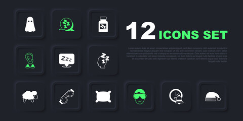 Set Alarm clock, Sleeping hat, Sleepy, Eye sleep mask, Earplugs and ear, and Pillow icon. Vector