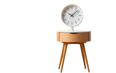 The minimalist bedside table, highlighted with a clock against a clean white background.