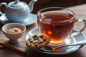 tea in a transparent cup, cookies with chocolate pieces on the table, teapot, spoon, home comfort, kitchen