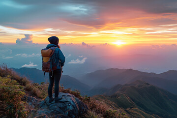Obraz premium A solo backpacker gazing at a breathtaking sunset from a mountain peak