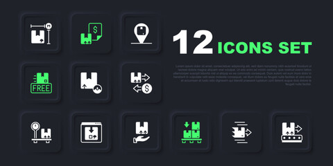 Set Carton cardboard box, Conveyor belt with, Cardboard boxes pallet, free symbol, Online app delivery tracking, Waybill and Delivery hand icon. Vector