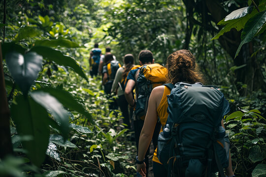 a group of friends hiking through a lush rainforest. Equipped with backpacks and hiking gear - they share the experience of nature's wonders
