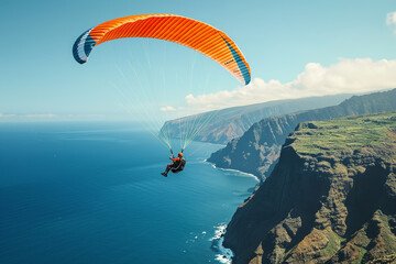 An adventure-seeker paragliding over a stunning coastal landscape