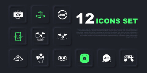 Set Augmented reality AR, Gamepad, 360 degree view, 3d modeling, Virtual glasses, and icon. Vector