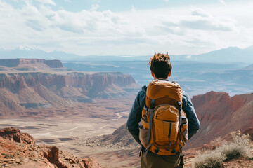 a solo traveler backpacking across diverse terrains - including mountains and deserts. 