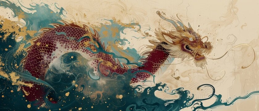 Happy chinese new year banner background with red flowers and dragon on dark red. Illustration. Card