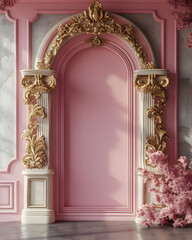 oval frame arch on cement wall surrounded with a floral embossed relief plastered surface