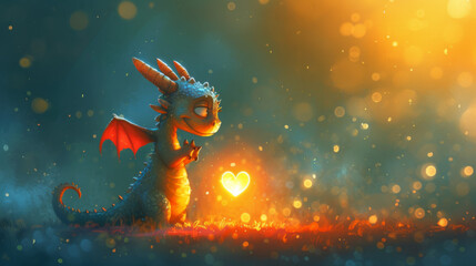 Cute digital coloring dragon with a heart and light. - obrazy, fototapety, plakaty