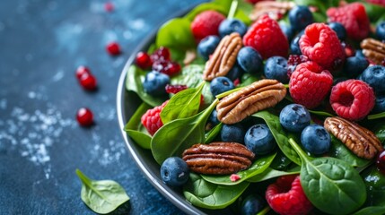 An exquisite spinach and berry salad adorned with blueberries, raspberries, and candied pecans - obrazy, fototapety, plakaty