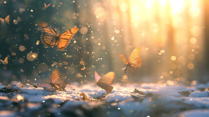 Butterflies flying off of a snowy forest floor.