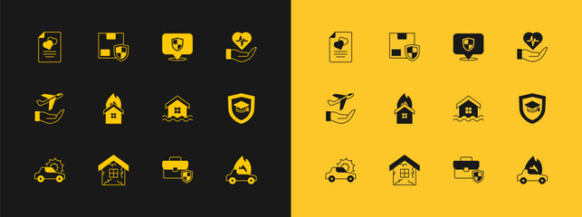 Set Life insurance in hand, House, flood, Briefcase with shield, Fire burning house, Location, Marriage contract and Delivery security icon. Vector