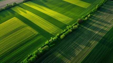 Aerial top view of panorama seen from above of the plain with the cultivated fields divided into geometric shapes in spring background, copy space