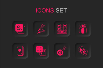 Set Game dice, Dart arrow, Bingo, Classic dart board and, Bowling pin, card and Playing cards icon. Vector