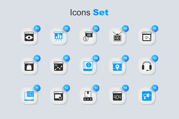 Set Page with a 404 error, Market analysis, Board graph chart, Advertising, Megaphone, Headphones, Personal information collection and Financial book icon. Vector