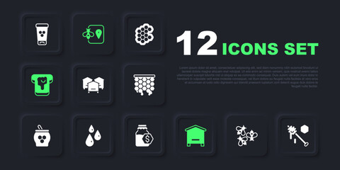 Set Bees, Honey dipper stick, Hive for bees, Bread with honey, Drops of, location and Sale in jar icon. Vector