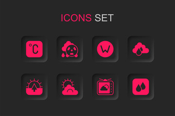 Set Sun and cloud weather, Acid rain radioactive, Celsius, Weather forecast, Cloud with, Water drop, Compass north and Sunrise icon. Vector