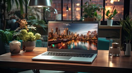 A laptop on a desk displays a cityscape wallpaper in a cozy home office setting at dusk